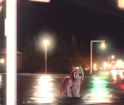 Size: 3542x3000 | Tagged: safe, artist:mirroredsea, derpibooru import, pinkie pie, earth pony, pony, alternate hairstyle, blushing, cute, cuteamena, diapinkes, female, house, lamppost, looking at you, mare, night, pinkamena diane pie, road, short mane, sky, solo, stars, street, traffic light, worried