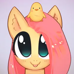 Size: 3000x3000 | Tagged: safe, artist:mirroredsea, derpibooru import, fluttershy, chicken, pegasus, pony, :p, big eyes, bust, cute, female, mare, no pupils, portrait, shyabetes, silly, sitting on head, smiling, tongue out, weapons-grade cute
