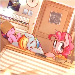 Size: 3000x3000 | Tagged: safe, artist:mirroredsea, artist:renokim, derpibooru import, doctor whooves, pinkie pie, rainbow dash, time turner, twilight sparkle, earth pony, pegasus, pony, unicorn, :o, :t, blushing, book, candy, candy cane, clock, cute, dashabetes, diapinkes, eyes closed, facebooking, female, food, high res, kotatsu, leaning, lights, looking at you, mare, mouth hold, on back, open mouth, poster, reading, sleeping, smiling, table, twiabetes