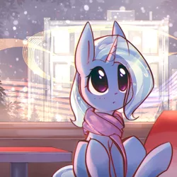 Size: 3000x3000 | Tagged: safe, artist:mirroredsea, derpibooru import, trixie, pony, unicorn, adorable face, blushing, clothes, cute, daaaaaaaaaaaw, diatrixes, female, high res, hnnng, horn, indoors, looking up, mare, mirroredsea is trying to murder us, scarf, sitting, snow, snowfall, solo, winter