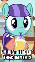 Size: 355x631 | Tagged: safe, derpibooru import, edit, edited screencap, screencap, mixed berry, earth pony, pony, the parent map, :t, background pony, clothes, cropped, cute, cuteaberry, drink, drinking, drinking straw, ear piercing, earring, female, i just came to read the comments, image macro, jewelry, mare, meme, piercing, reaction image, smoothie, solo, sucking