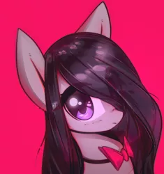 Size: 3000x3187 | Tagged: safe, artist:mirroredsea, derpibooru import, octavia melody, earth pony, pony, alternate hairstyle, big ears, bowtie, bust, cute, eye clipping through hair, female, hair over one eye, image, long hair, long mane, looking at you, mare, pink background, png, portrait, simple background, solo, tavibetes