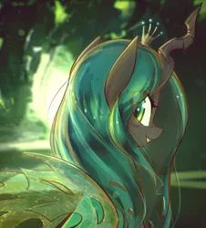 Size: 3521x3892 | Tagged: safe, artist:mirroredsea, derpibooru import, queen chrysalis, changeling, changeling queen, pony, crown, cute, cutealis, eye clipping through hair, female, high res, horn, jewelry, lidded eyes, looking at you, looking back, looking back at you, mare, regalia, slit eyes, smiling, solo, wings