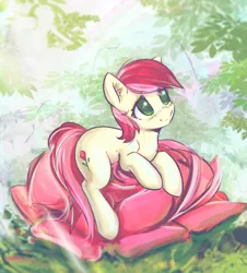 Size: 2688x2974 | Tagged: safe, artist:mirroredsea, derpibooru import, roseluck, earth pony, pony, cute, female, flower, mare, outdoors, prone, rose, smiling, solo