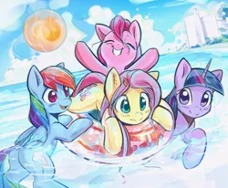 Size: 3389x2798 | Tagged: safe, artist:mirroredsea, derpibooru import, fluttershy, pinkie pie, rainbow dash, twilight sparkle, earth pony, pegasus, pony, unicorn, beach, cute, dashabetes, diapinkes, eyes closed, female, group, inflatable, mare, shyabetes, smiling, sun, twiabetes, water