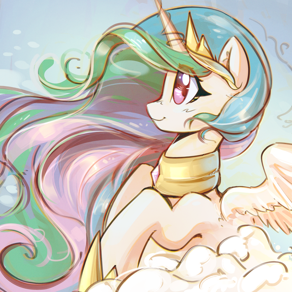 Size: 2980x2980 | Tagged: safe, artist:mirroredsea, derpibooru import, princess celestia, alicorn, pony, cloud, crown, cute, cutelestia, female, high res, jewelry, looking up, mare, necklace, peytral, regalia, sky, smiling, solo, spread wings, wings