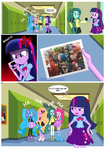 Size: 1600x2263 | Tagged: safe, artist:jucamovi1992, derpibooru import, pinkie pie, twilight sparkle, oc, oc:aglaope, oc:piscis, oc:radne, equestria girls, bootleg, comic, doll, spongebob squarepants, toy