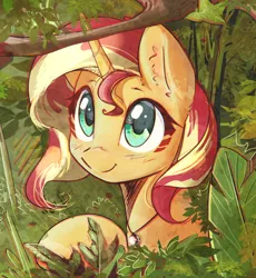 Size: 2624x2848 | Tagged: safe, artist:mirroredsea, derpibooru import, sunset shimmer, pony, unicorn, bust, cute, female, jewelry, jungle, mare, necklace, portrait, shimmerbetes, smiling, solo