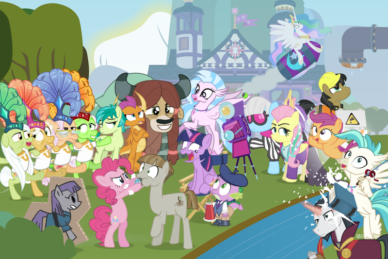 Size: 1000x667 | Tagged: safe, artist:dm29, derpibooru import, apple rose, auntie applesauce, chancellor neighsay, fluttershy, goldie delicious, granny smith, jack hammer, maud pie, mudbriar, photo finish, pinkie pie, princess celestia, sandbar, scootaloo, silverstream, smolder, spike, starlight glimmer, terramar, twilight sparkle, twilight sparkle (alicorn), yona, alicorn, classical hippogriff, dragon, earth pony, hippogriff, pony, seapony (g4), unicorn, yak, fake it 'til you make it, grannies gone wild, horse play, school daze, surf and/or turf, the maud couple, alternate hairstyle, bipedal, camera, cardboard maud, chair, clothes, construction pony, cosplay, costume, director spike, director's chair, dragoness, eea rulebook, female, fishing rod, fluttergoth, geode, gold horseshoe gals, hipstershy, kickline, leaking, levitation, magic, male, mare, maudbriar, progress bar, rocket, school of friendship, seaponified, seapony scootaloo, severeshy, shipping, showgirl, shylestia, species swap, stallion, straight, telekinesis, the meme continues, the story so far of season 8, this isn't even my final form, toy interpretation, trixie's rocket, wall of tags