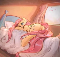 Size: 3000x2861 | Tagged: safe, artist:mirroredsea, derpibooru import, fluttershy, pegasus, pony, bed, bedroom, cute, female, flutterbutt, high res, lying down, mare, one eye closed, plot, shyabetes, sleepy, solo, translucent tail, window