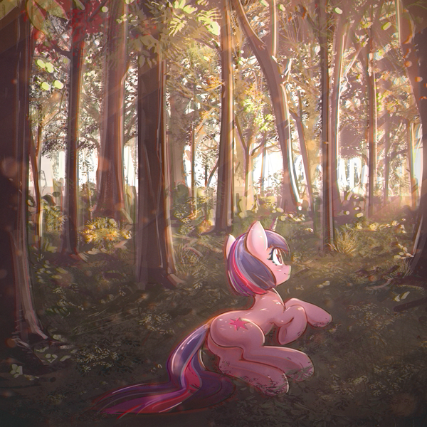 Size: 3000x3000 | Tagged: safe, artist:mirroredsea, derpibooru import, twilight sparkle, pony, unicorn, cute, female, forest, grass, looking up, mare, nature, outdoors, plot, prone, scenery, scenery porn, side, smiling, solo, tree, twiabetes, underhoof, unicorn twilight