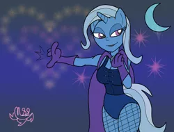 Size: 3280x2496 | Tagged: anthro, artist:missmagnificence, cape, clothes, derpibooru import, fireworks, fishnets, leotard, magician outfit, moon, safe, solo, trixie