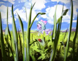 Size: 2800x2194 | Tagged: safe, artist:mirroredsea, derpibooru import, flitter, ladybug, pegasus, pony, bow, cloud, cute, female, grass, hair bow, looking at you, mare, one eye closed, prone, sky, smiling, solo, wink