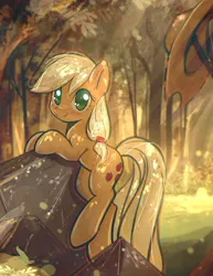 Size: 2237x2900 | Tagged: safe, artist:mirroredsea, derpibooru import, applejack, earth pony, pony, colored pupils, cowboy hat, cute, dappled sunlight, eye clipping through hair, female, forest, hat, hatless, jackabetes, leaning, looking at you, mare, missing accessory, scenery, smiling, solo