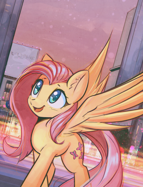 Size: 2442x3197 | Tagged: safe, artist:mirroredsea, derpibooru import, fluttershy, pegasus, pony, building, city, cityscape, cute, dutch angle, female, looking up, mare, night, open mouth, shyabetes, smiling, solo, spread wings, wings