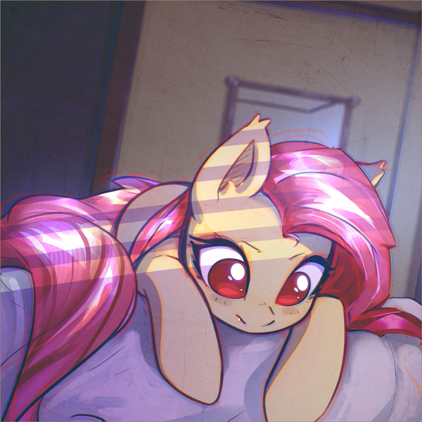 Size: 2800x2800 | Tagged: safe, artist:mirroredsea, derpibooru import, fluttershy, bat pony, pony, cute, female, flutterbat, fluttershy the werebat, looking down, mare, race swap, red eyes, shyabates, shyabetes, solo, werebat