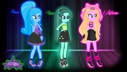 Size: 1191x670 | Tagged: safe, artist:ihmps6p07, derpibooru import, oc, oc:aglaope, oc:piscis, oc:radne, oc:the dark stars, equestria girls, belt, boots, bow, clothes, hairband, high heel boots, high heels, miniskirt, ponytail, shoes, skirt, tanktop