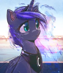 Size: 2110x2452 | Tagged: safe, artist:mirroredsea, derpibooru import, princess luna, alicorn, pony, bridge, bust, colored pupils, crown, female, folded wings, jewelry, looking away, mare, portrait, regalia, smiling, solo