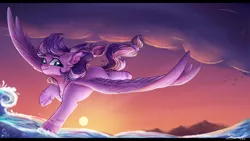 Size: 2100x1181 | Tagged: safe, artist:cloud-drawings, derpibooru import, oc, unofficial characters only, pegasus, pony, female, flying, mare, ocean, solo, sunset