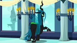 Size: 1024x575 | Tagged: a canterlot wedding, belly, big belly, candle, changeling, changeling queen, derpibooru import, edit, edited screencap, fat, fat edit, female, huge butt, large butt, lidded eyes, overweight, queen chrysalard, queen chrysalis, raised hoof, safe, screencap, solo, spread wings, wings