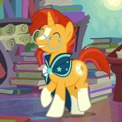 Size: 496x497 | Tagged: safe, derpibooru import, screencap, sunburst, pony, unicorn, the parent map, adorkable, animated, book, booty call, cropped, cute, cutie mark, dork, eyes closed, gif, glowing cutie mark, grin, happy, male, smiling, solo, sunbetes, trotting, trotting in place