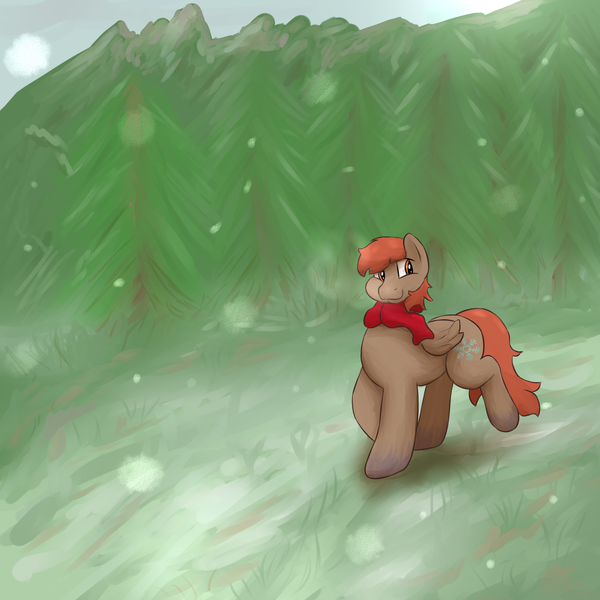 Size: 2500x2500 | Tagged: safe, artist:lupin quill, derpibooru import, oc, oc:winterlight, unofficial characters only, clothes, cold, forest, mountain, pine tree, questionable source, scarf, snow, solo, tree, winter