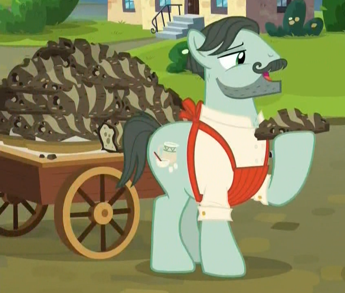 Size: 846x717 | Tagged: safe, derpibooru import, screencap, cracked wheat, earth pony, pony, the parent map, ancient pony grain bread, apron, baker, beard, bread, clothes, cropped, facial hair, food, hoof hold, male, moustache, shirt, sire's hollow, solo, stallion, wagon