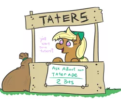 Size: 743x610 | Tagged: safe, artist:jargon scott, derpibooru import, oc, oc:tater trot, unofficial characters only, pony, cute, female, lemonade stand, mare, sack, simple background, smiling, solo, white background