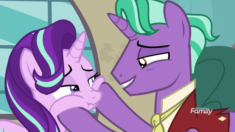 Size: 826x464 | Tagged: safe, derpibooru import, screencap, firelight, starlight glimmer, pony, unicorn, the parent map, animated, annoyed, belittling, cheek squish, cute, duo, eyes closed, father and daughter, female, firebetes, floppy ears, gif, glimmerbetes, grin, happy, lidded eyes, male, mare, reunion, scrunchy face, sire's hollow, smiling, squishy cheeks, stallion