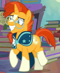 Size: 254x310 | Tagged: safe, derpibooru import, screencap, sunburst, pony, unicorn, the parent map, animated, book, booty call, cropped, cute, cutie mark, faic, gif, glowing cutie mark, grin, happy, male, open mouth, smiling, solo, stallion, sunbetes, trotting, trotting in place