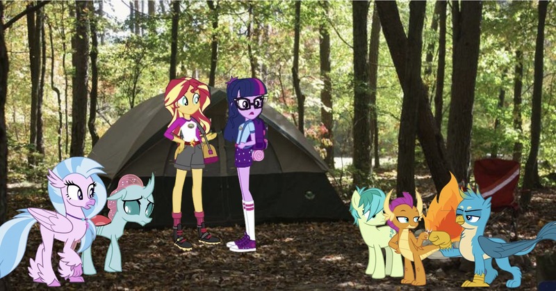Size: 1761x921 | Tagged: safe, derpibooru import, editor:superbobiann, gallus, ocellus, sandbar, sci-twi, silverstream, smolder, sunset shimmer, twilight sparkle, classical hippogriff, gryphon, hippogriff, equestria girls, backpack, bag, belt, boots, camp everfree outfits, campfire, camping trip, converse, equestria girls in real life, family, forest, glasses, irl, photo, ponies in real life, ponytail, shoes, sun, tent, wallpaper