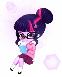 Size: 1331x1663 | Tagged: safe, artist:electricshine, derpibooru import, sci-twi, twilight sparkle, equestria girls, book, chibi, clothes, cute, glasses, hair bun, kpopjunkie is trying to murder us, moe, pleated skirt, shirt, shoes, skirt, socks, solo, sweater, twiabetes