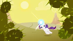 Size: 1440x806 | Tagged: safe, derpibooru import, screencap, rarity, pony, unicorn, the cutie mark chronicles, blank flank, cactus, desert, female, filly, filly rarity, floating, glowing horn, lidded eyes, prickly pear, rariquest, rarity being dragged to her destiny, rarity is not amused, solo, unamused, younger