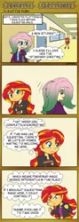 Size: 450x1260 | Tagged: safe, artist:empyu, derpibooru import, fluttershy, sunset shimmer, comic:jokester fluttershy, equestria girls, clothes, comic, cosplay, costume, female, makeup, smiling, the joker, thought bubble