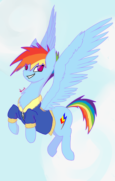Size: 1600x2500 | Tagged: safe, artist:radioactive nero, derpibooru import, rainbow dash, pegasus, pony, alternate cutie mark, alternate hairstyle, alternate universe, clothes, female, flying, jacket, looking at you, mare, no pupils, story in the source