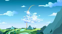 Size: 1439x807 | Tagged: city, cloud, cloudiseum, cloudsdale, derpibooru import, no pony, rainbow, rainbow trail, rainbow waterfall, safe, scenery, screencap, the cutie mark chronicles