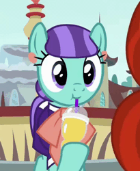 Size: 376x458 | Tagged: safe, derpibooru import, screencap, mixed berry, stellar flare, earth pony, pony, the parent map, :t, animated, blinking, clothes, cropped, cute, cuteaberry, drinking, drinking straw, female, fountain, hoof hold, mare, shirt, sire's hollow, smoothie, solo focus