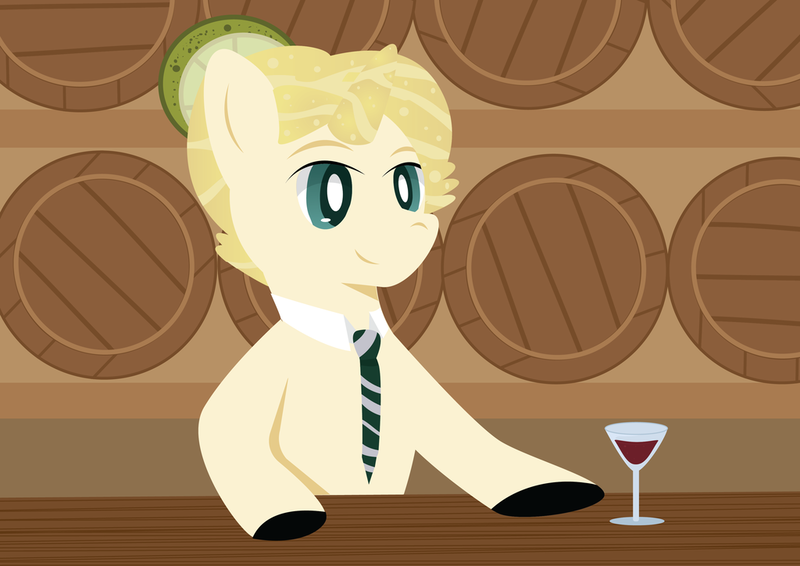 Size: 1024x724 | Tagged: safe, artist:lordswinton, derpibooru import, oc, oc:draco, unofficial characters only, pony, bar, barrel, bartender, brown, closed species, cocktail, cocktail pony, drink, glass, green, male, necktie, solo, stallion, wine glass