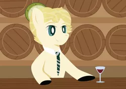 Size: 1024x724 | Tagged: safe, artist:lordswinton, derpibooru import, oc, oc:draco, unofficial characters only, pony, bar, barrel, bartender, brown, closed species, cocktail, cocktail pony, drink, glass, green, male, necktie, solo, stallion, wine glass