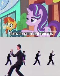 Size: 662x839 | Tagged: david byrne, derpibooru import, edit, edited screencap, once in a lifetime, safe, screencap, song reference, starlight glimmer, sunburst, talking heads, the parent map