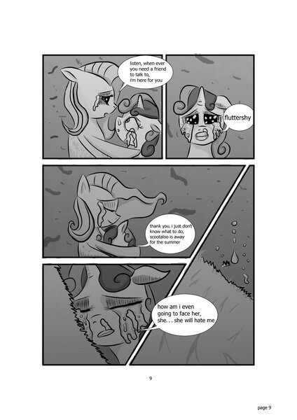 Size: 1024x1448 | Tagged: safe, artist:konfettimayhem, derpibooru import, fluttershy, sweetie belle, pegasus, pony, unicorn, comic:the monster inside of me, comic, crying, female, filly, mare, monochrome