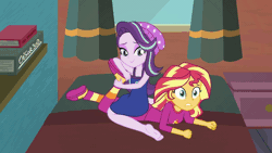 Size: 1200x675 | Tagged: suggestive, artist:cesar3o0, derpibooru import, starlight glimmer, sunset shimmer, equestria girls, animated, barefoot, beanie, bed, bedroom eyes, book, breasts, cleavage, clothes, drool, erotic tickling, eyes closed, feet, female, females only, femdom, femsub, fetish, foot fetish, foot worship, gif, hat, lesbian, licking, licking foot, lying down, nightgown, open mouth, pajamas, removing shoes, shimmerglimmer, shipping, sitting on person, slippers, submissive, sunset's apartment, tickle fetish, tickle torture, tickling, tongue out