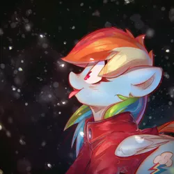 Size: 2800x2800 | Tagged: safe, artist:mirroredsea, derpibooru import, rainbow dash, pegasus, pony, blushing, catching snowflakes, clothes, cute, dashabetes, eye clipping through hair, female, jacket, mare, multicolored hair, night, open mouth, outdoors, profile, scarf, smiling, snow, snowfall, solo, tongue out, winter