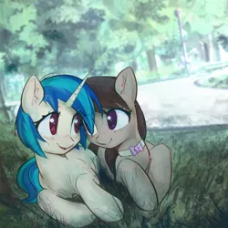 Size: 1600x1600 | Tagged: safe, artist:mirroredsea, derpibooru import, octavia melody, vinyl scratch, earth pony, pony, unicorn, blushing, couple, cute, eye clipping through hair, eye contact, female, lesbian, looking at each other, mare, park, prone, scratchtavia, shipping, smiling, tavibetes, vinylbetes
