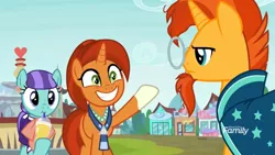 Size: 1366x768 | Tagged: safe, derpibooru import, screencap, mixed berry, stellar flare, sunburst, pony, the parent map, :t, background pony, clothes, cute, cuteaberry, discovery family logo, female, glasses, male, mother and son, raised hoof, sire's hollow, smoothie, stellarbetes, sunburst is not amused, unamused