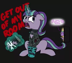 Size: 2160x1905 | Tagged: safe, artist:brisineo, derpibooru import, firelight, princess celestia, starlight glimmer, pony, unicorn, the parent map, angry, boots, braces, clothes, dagger, dialogue, doll, ear piercing, edgelight glimmer, edgy, emo, equal cutie mark, eyes closed, father and daughter, female, glimmer goth, glowing horn, goth, it's a phase, it's not a phase, jacket, leather jacket, magic, male, mare, open mouth, piercing, punk, shoes, simple background, smiling, stallion, teenage glimmer, teenager, telekinesis, toy, voodoo doll, weapon, yelling