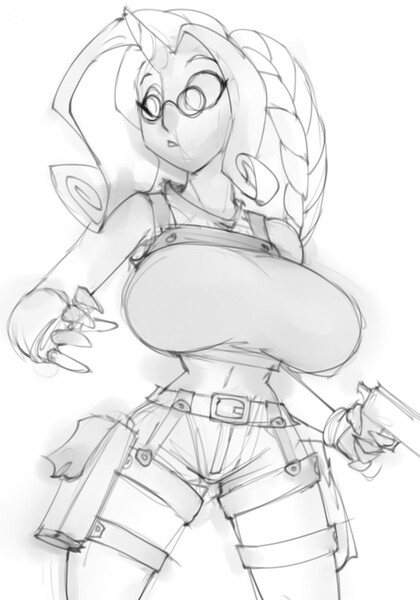 Size: 897x1280 | Tagged: artist:bigdad, belly button, big breasts, breasts, busty rarity, crossover, derpibooru import, female, glasses, gun, handgun, horned humanization, huge breasts, human, humanized, lara croft, midriff, monochrome, no trigger discipline, pistol, rarity, sketch, solo, solo female, suggestive, tomb raider, weapon