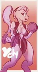 Size: 700x1338 | Tagged: anthro, artist:lutivian, auction, breasts, clothes, commission, derpibooru import, exercise, latex, leotard, oc, ponytail, suggestive, weights, workout, workout outfit, your character here