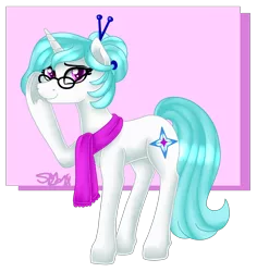 Size: 1588x1681 | Tagged: safe, artist:spokenmind93, derpibooru import, oc, oc:snow star, unofficial characters only, unicorn, clothes, female, glasses, hair bun, scarf, shy, signature, simple background, solo, transparent background