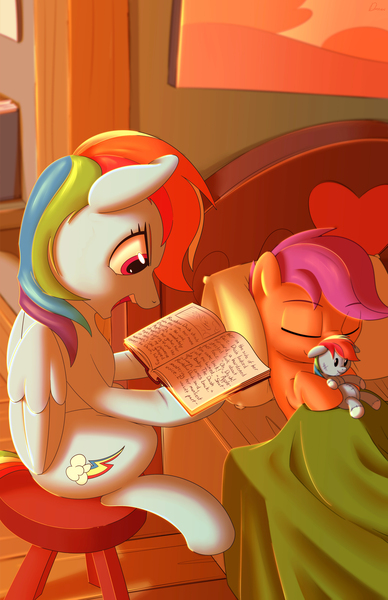 Size: 3300x5100 | Tagged: safe, artist:dmann892, derpibooru import, rainbow dash, scootaloo, pegasus, pony, fanfic, backwards cutie mark, bed, bedroom, book, chair, cute, cutealoo, female, filly, implied appledash, implied lesbian, implied shipping, mare, plushie, reading, scootalove, smiling